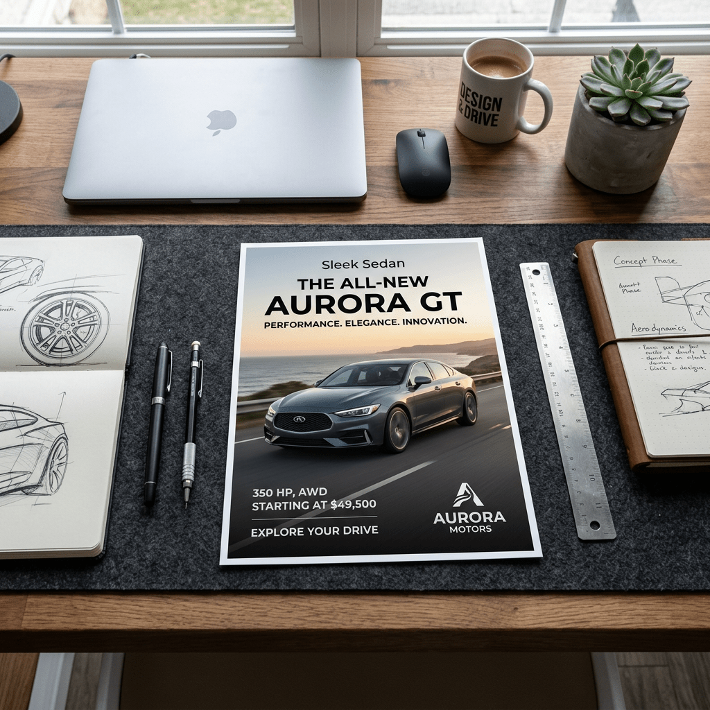 Workspace with car sketches, pen, Aurora GT car flyer, laptop, coffee mug, and plant