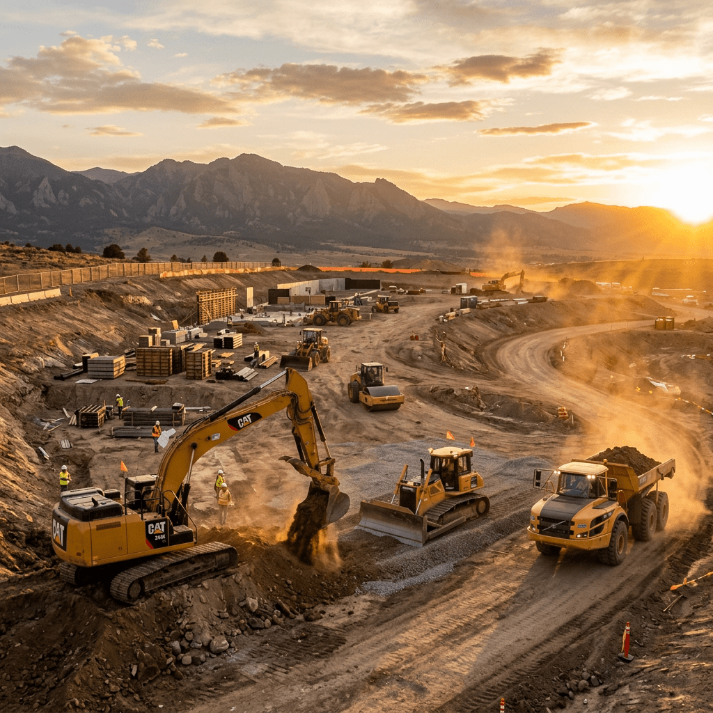 Construction site with excavators, bulldozers, and dump trucks working at sunset