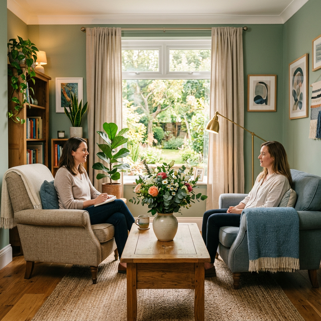 Two women sitting in armchairs facing each other in a warmly lit living room with plants and a window showing a garden view