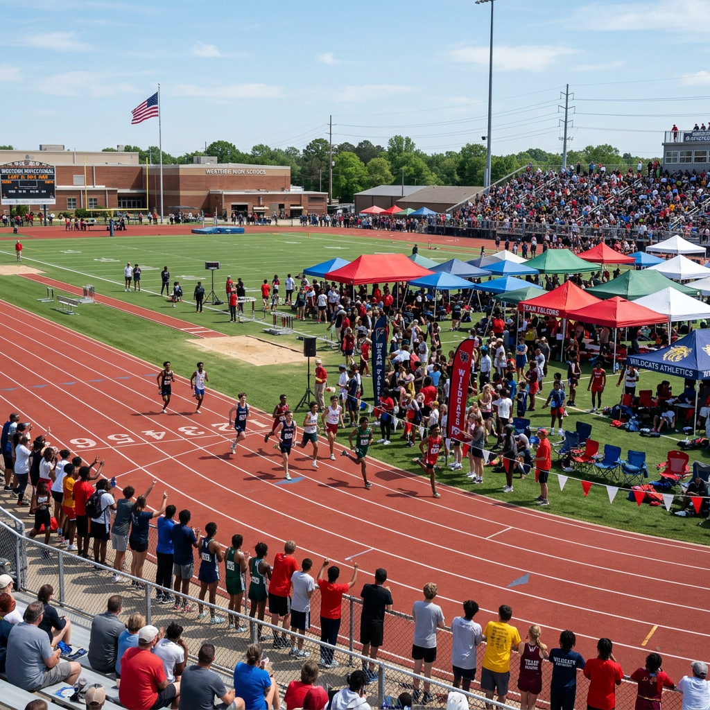 Runners competing in a sprint race on a red track surrounded by spectators and tents.