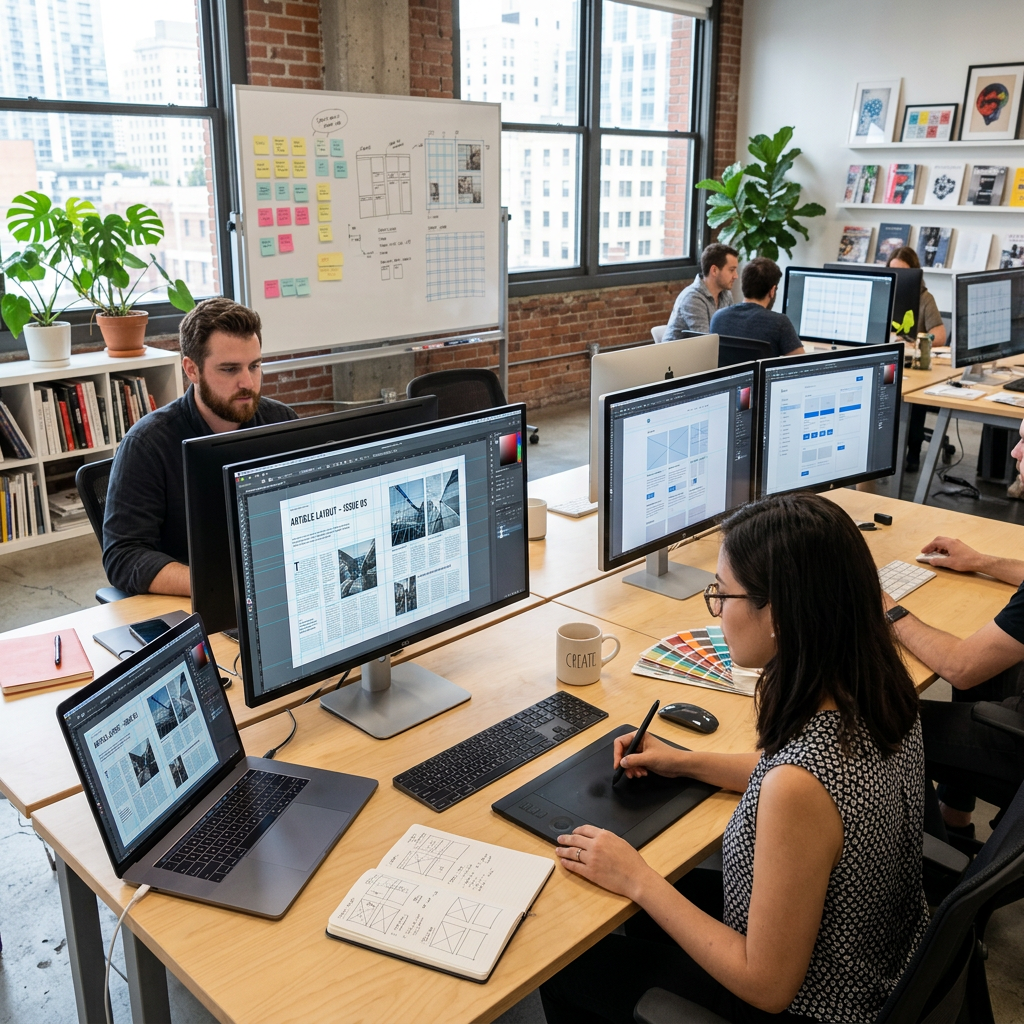 People working on digital design and layout on desktop computers in an open office